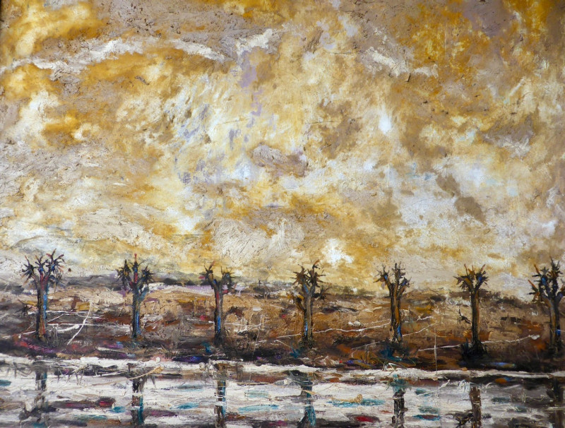 baeume am ufer 1989  oel und pigment auf nessel  130 cm x cm